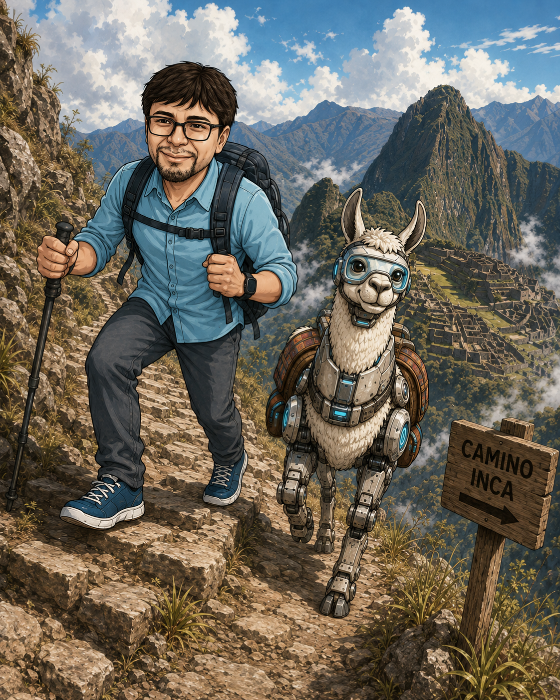 Ilustração de um pesquisador caminhando ao lado de uma lhama robótica rumo a Machu Picchu, no Caminho Inca
